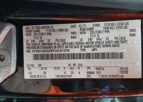 2015 Ford Escape Se из США, поврежденный, VIN 1FMCU9GX5FUC41316